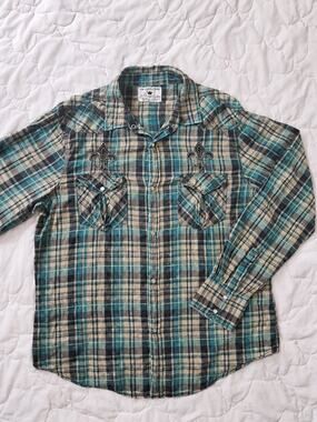 Pop Icon Clothing Men’s XL Plaid Western Pearl Snap Shirt Fleur de Lis Y2K